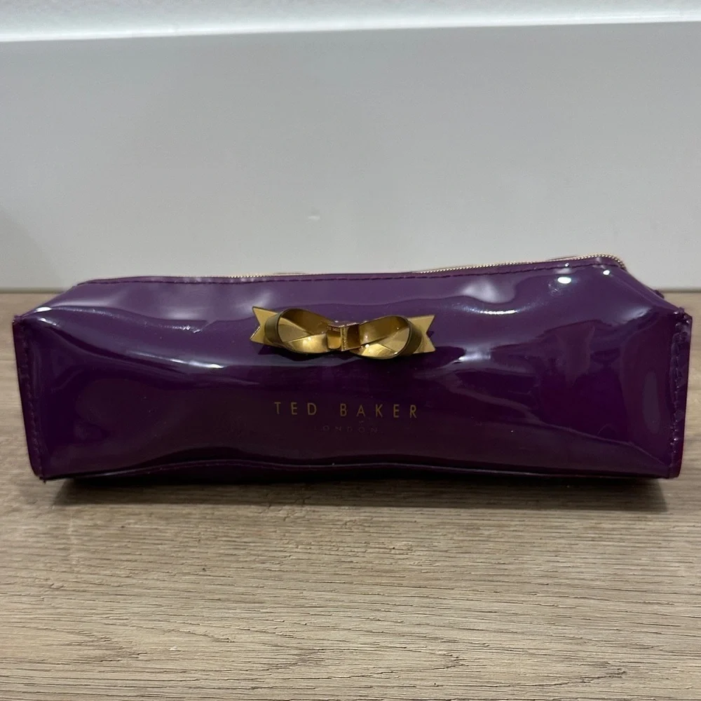 Ted Baker Aker Purple Oxblood pencil case bow patent glossy pouch cosmetic bag